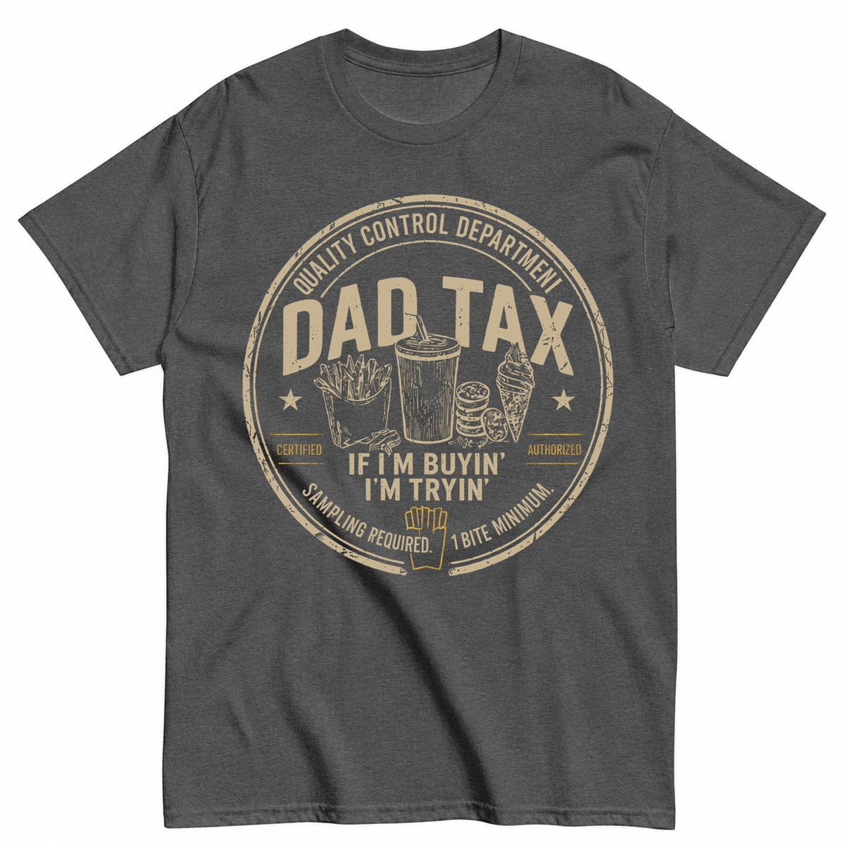KAVENRO Dad Food Tax graphic T-shirt in grey with Gimme A Bite design