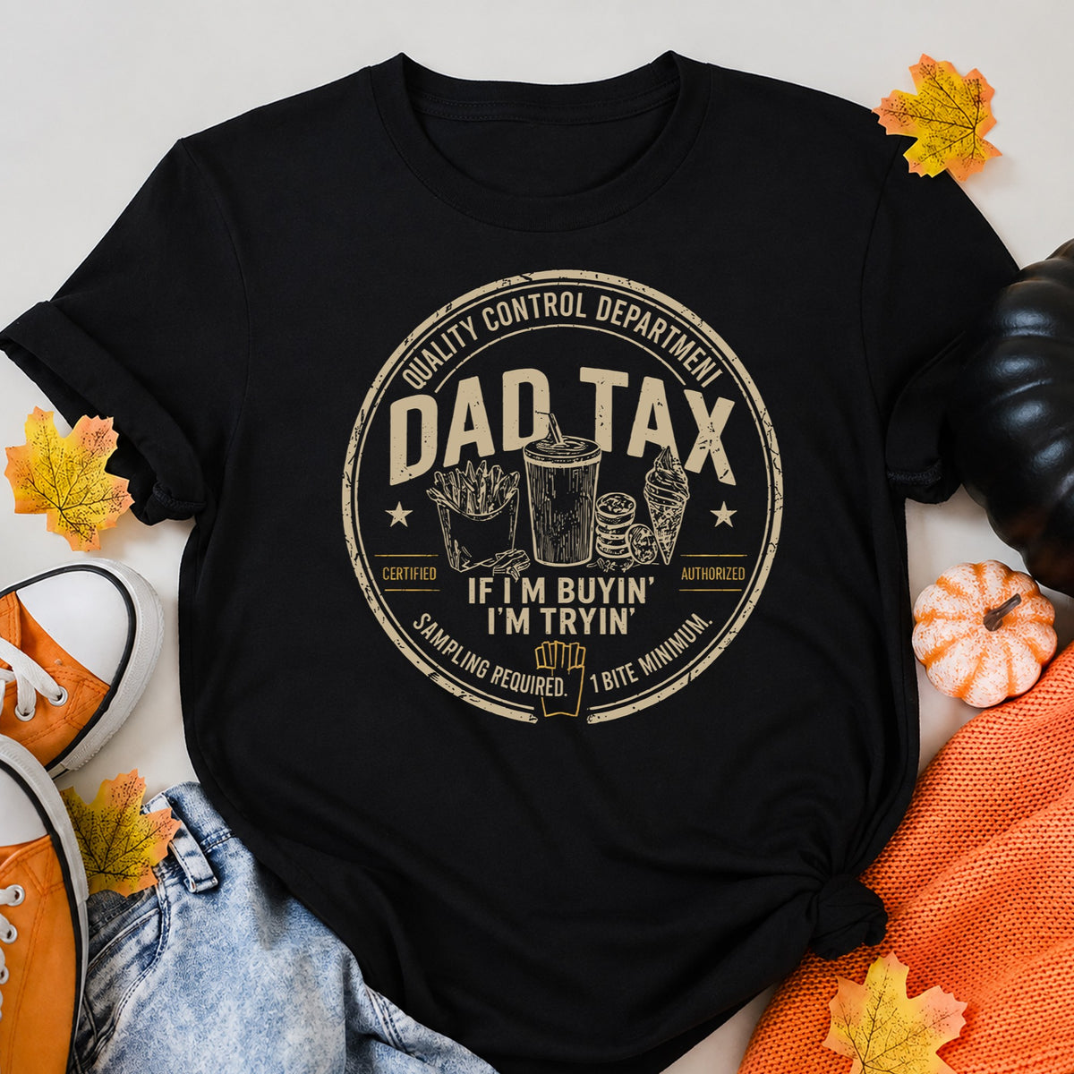 KAVENRO Dad Food Tax graphic T-shirt in black with Gimme A Bite design