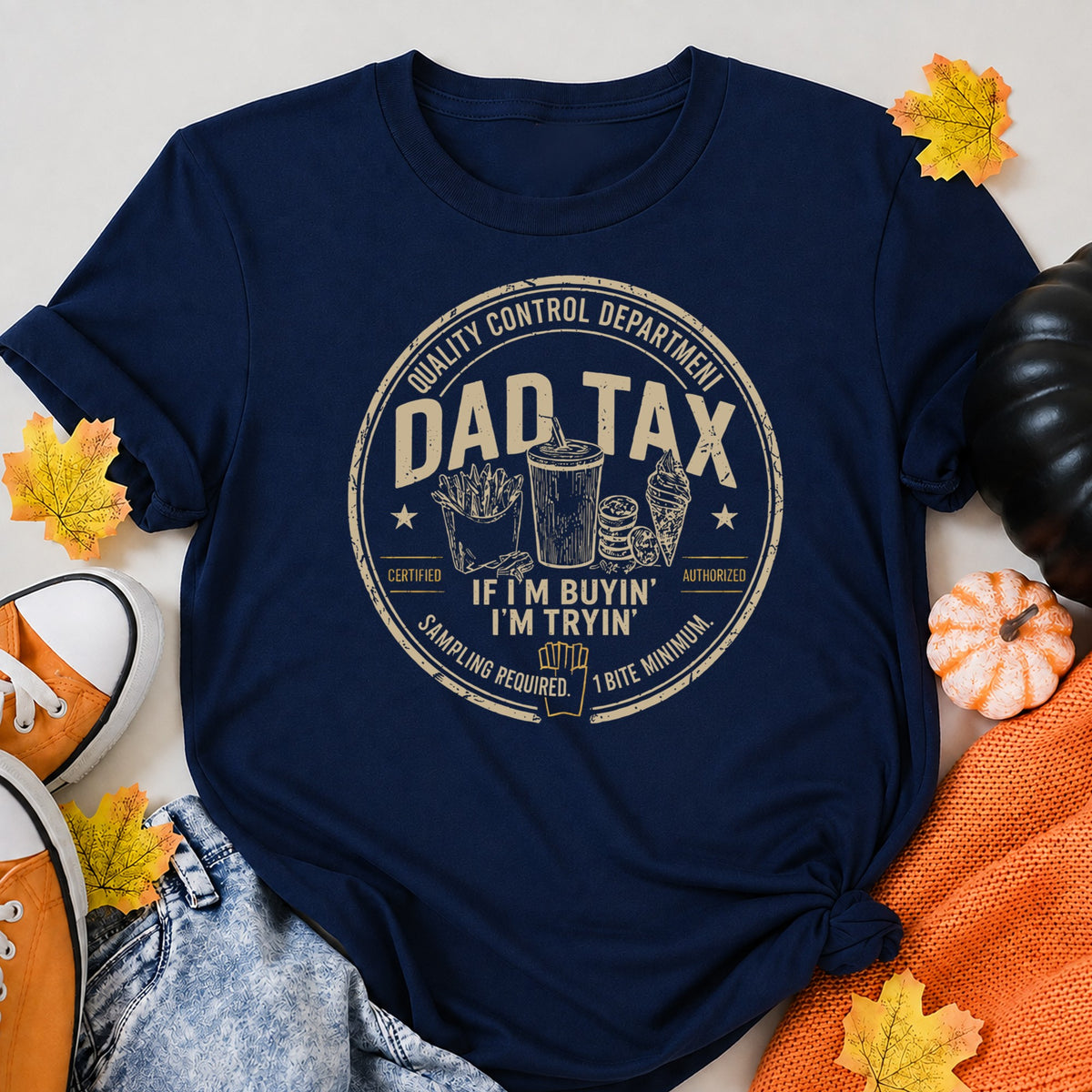 KAVENRO Dad Food Tax graphic T-shirt in navy with Gimme A Bite design shirt