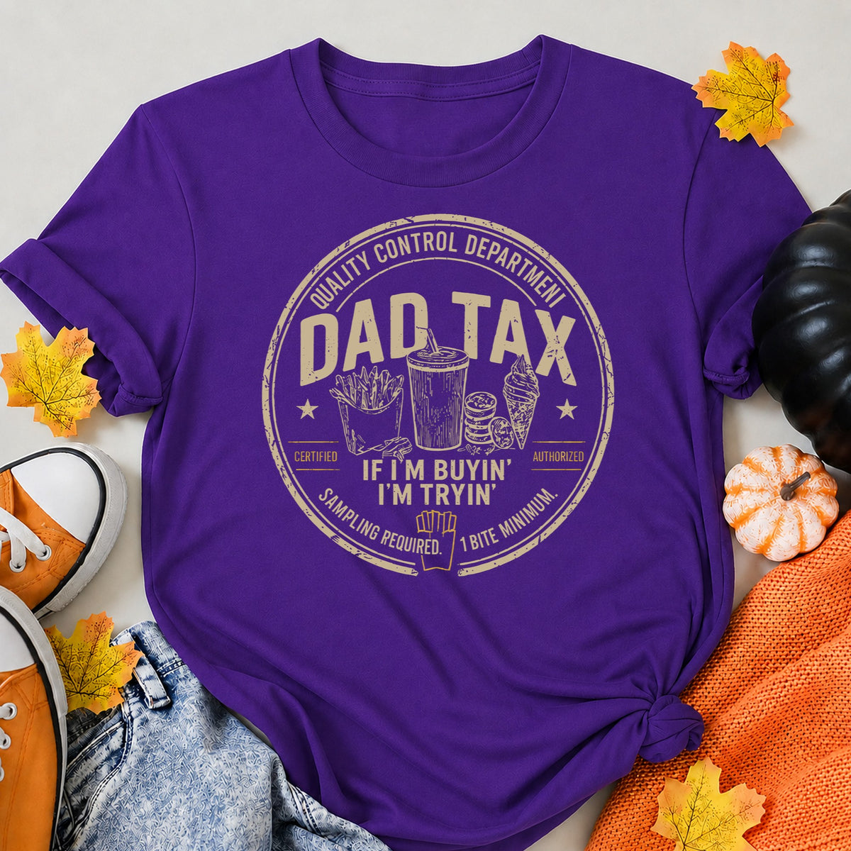 KAVENRO Dad Food Tax graphic T-shirt in blue with Gimme A Bite design shirt
