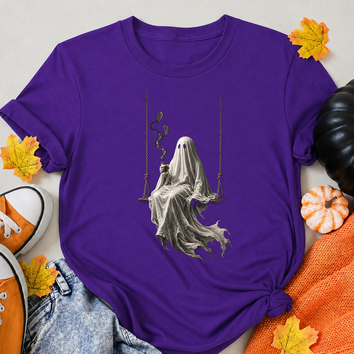 Ghost On A Swing Drinking Coffee Spooky Coffee Lover Halloween Shirt in Blue – alternate view
