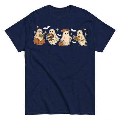Ghost Reading Book Halloween Shirt in Navy – product view