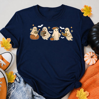 Ghost Reading Book Halloween Shirt in Navy – alternate view