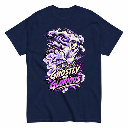 Ghostly And Glorious Comic Ghost Shirt Halloween Shirt in Navy – product view