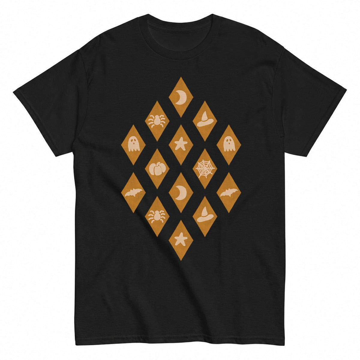 Ghouls Co - Retro Whimsigoth Halloween Diamonds Olive Pink Orange Halloween Shirt in Black – product view