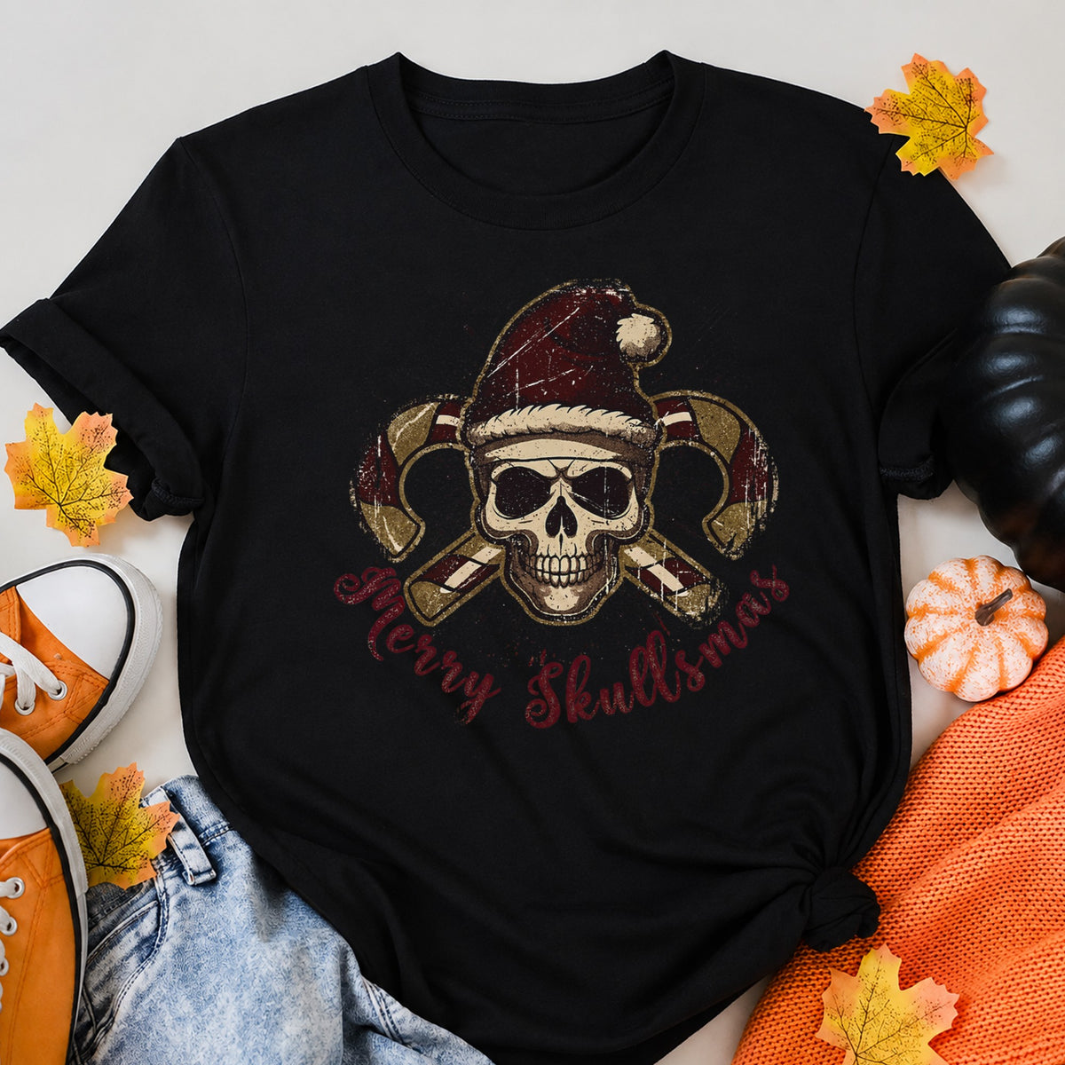 Gothic Christmas Skull With Candy Canes Dark Colors Edition T-Shirt - product view 5