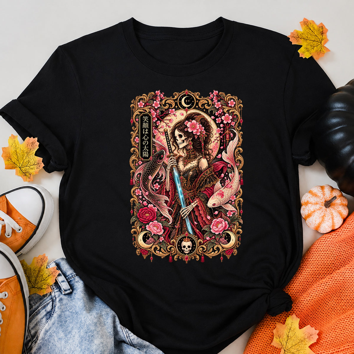 Gothic Sakura Skeleton Samurai Halloween Shirt in Black – alternate view