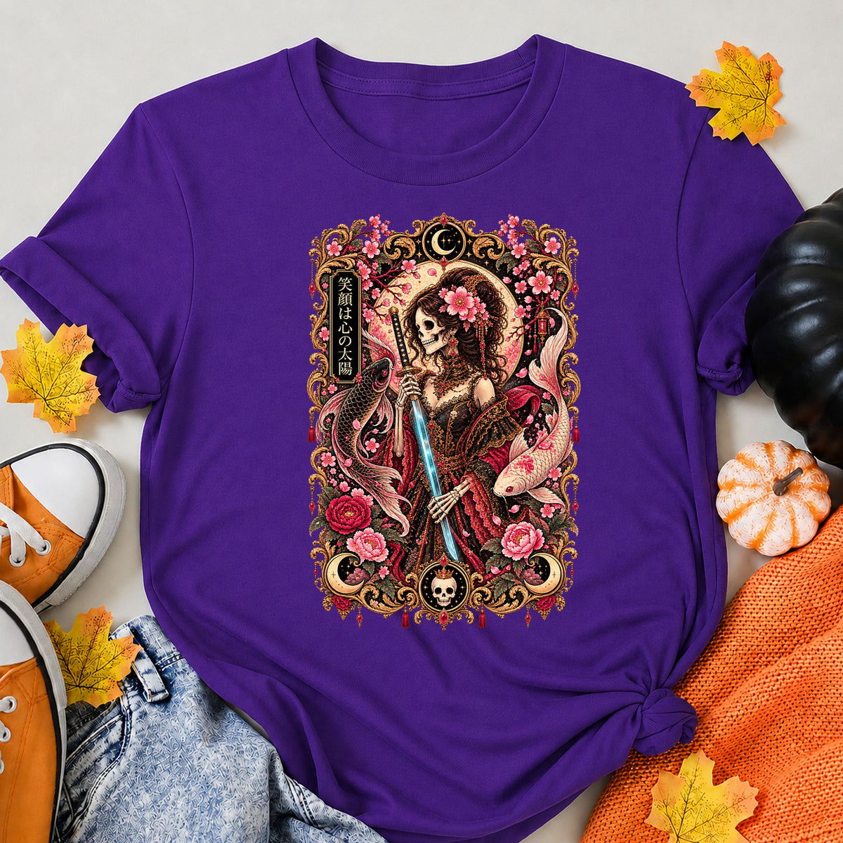 Gothic Sakura Skeleton Samurai Halloween Shirt in Blue – alternate view