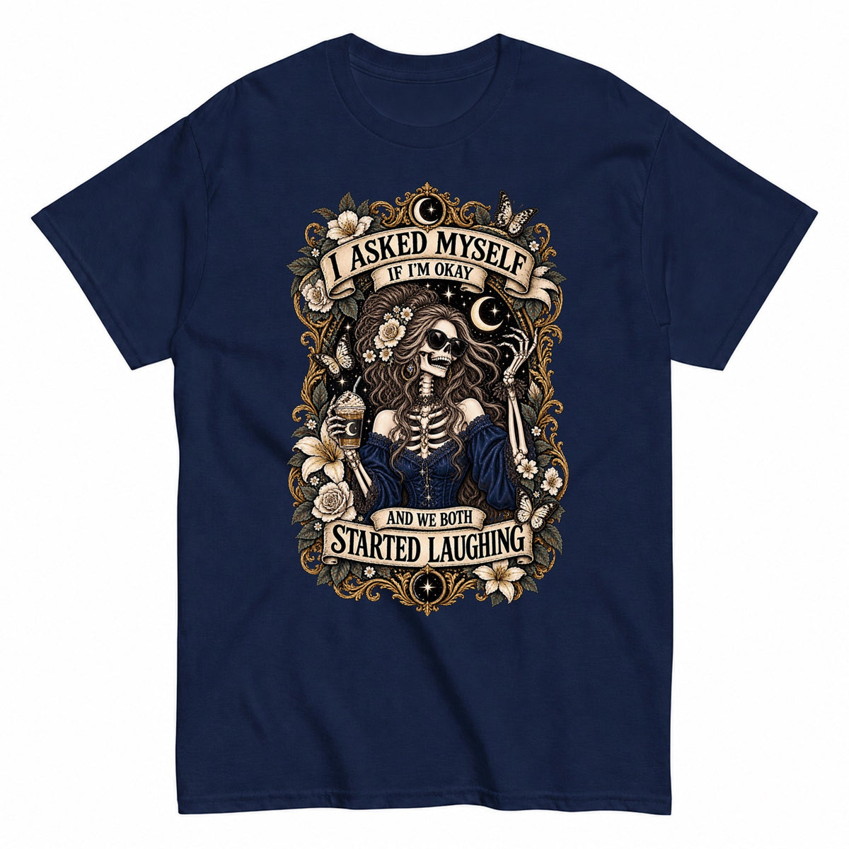 Gothic Skeleton Girl Laughing Halloween Shirt in Navy – product view