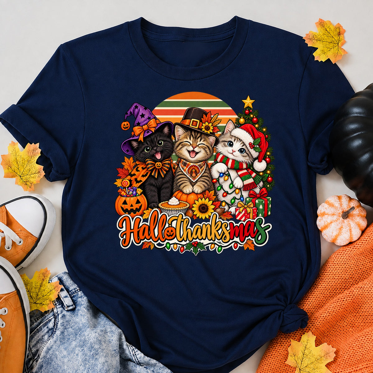 Hallothanksmas Kittens Christmas T-Shirt - product view 8