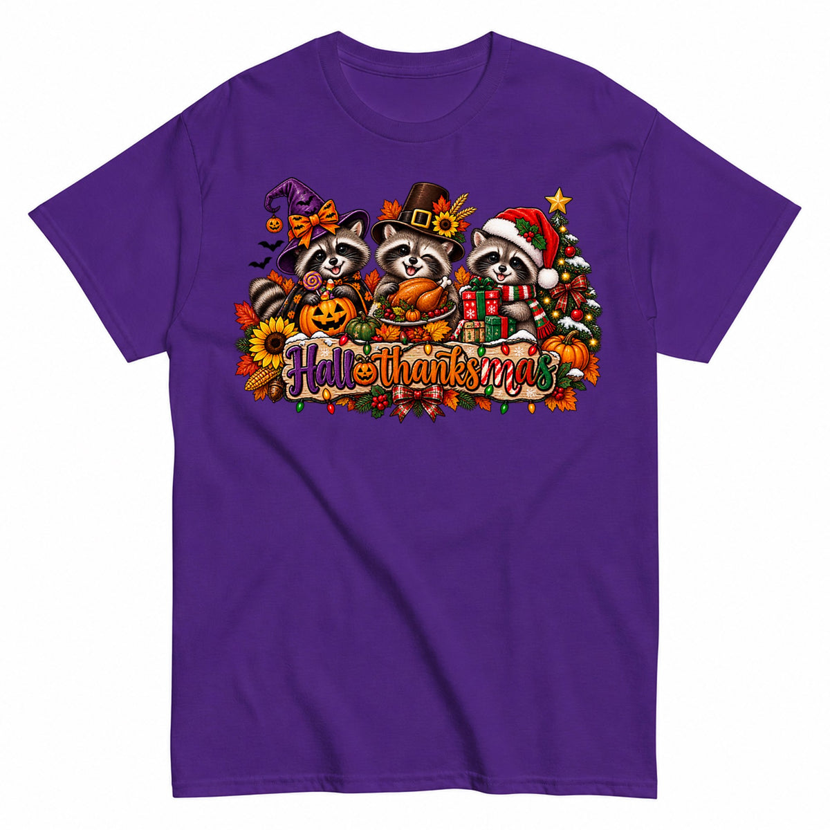 Hallothanksmas Raccoons Christmas T-Shirt - product view 2