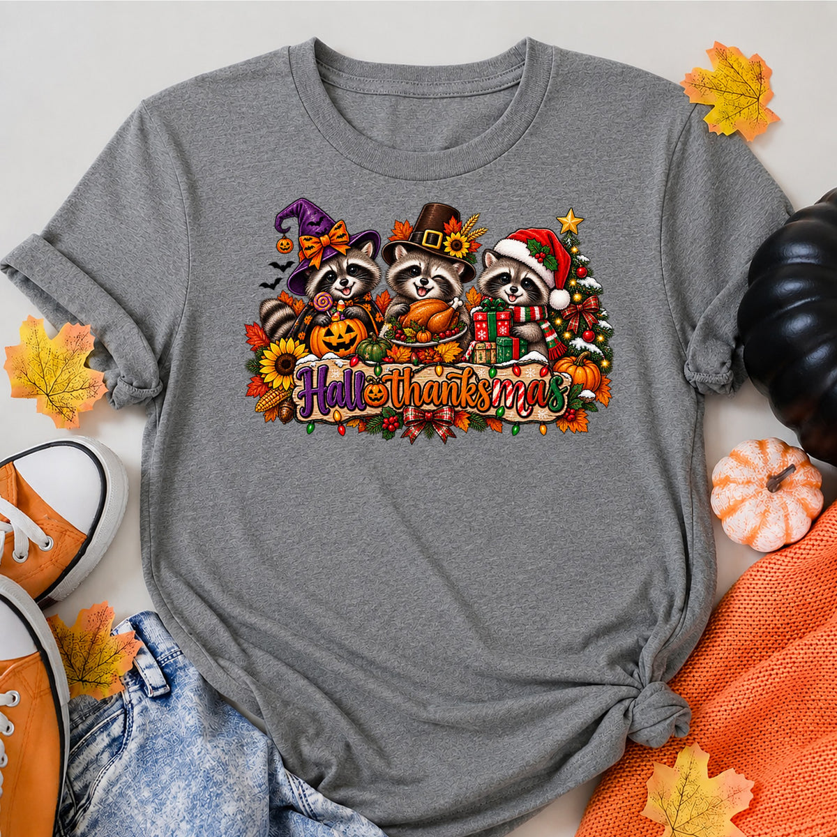 Hallothanksmas Raccoons Christmas T-Shirt - product view 7