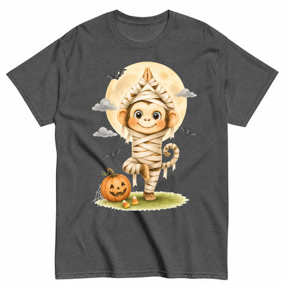 Halloween Tree Pose Mummy Monkey Halloween Shirt in Grey – product view