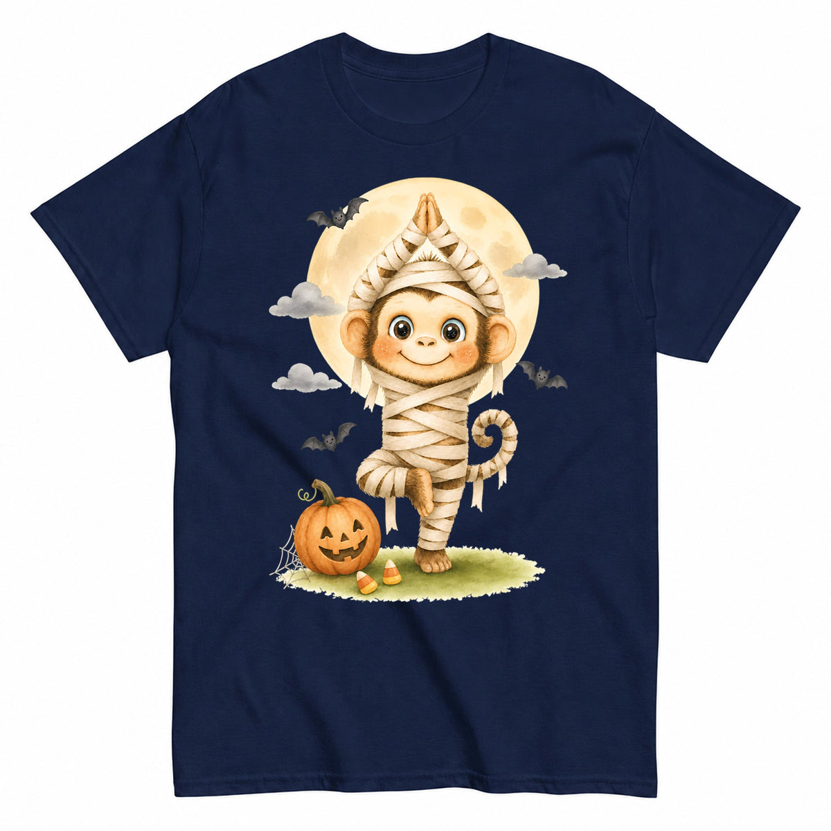 Halloween Tree Pose Mummy Monkey Halloween Shirt in Navy – product view