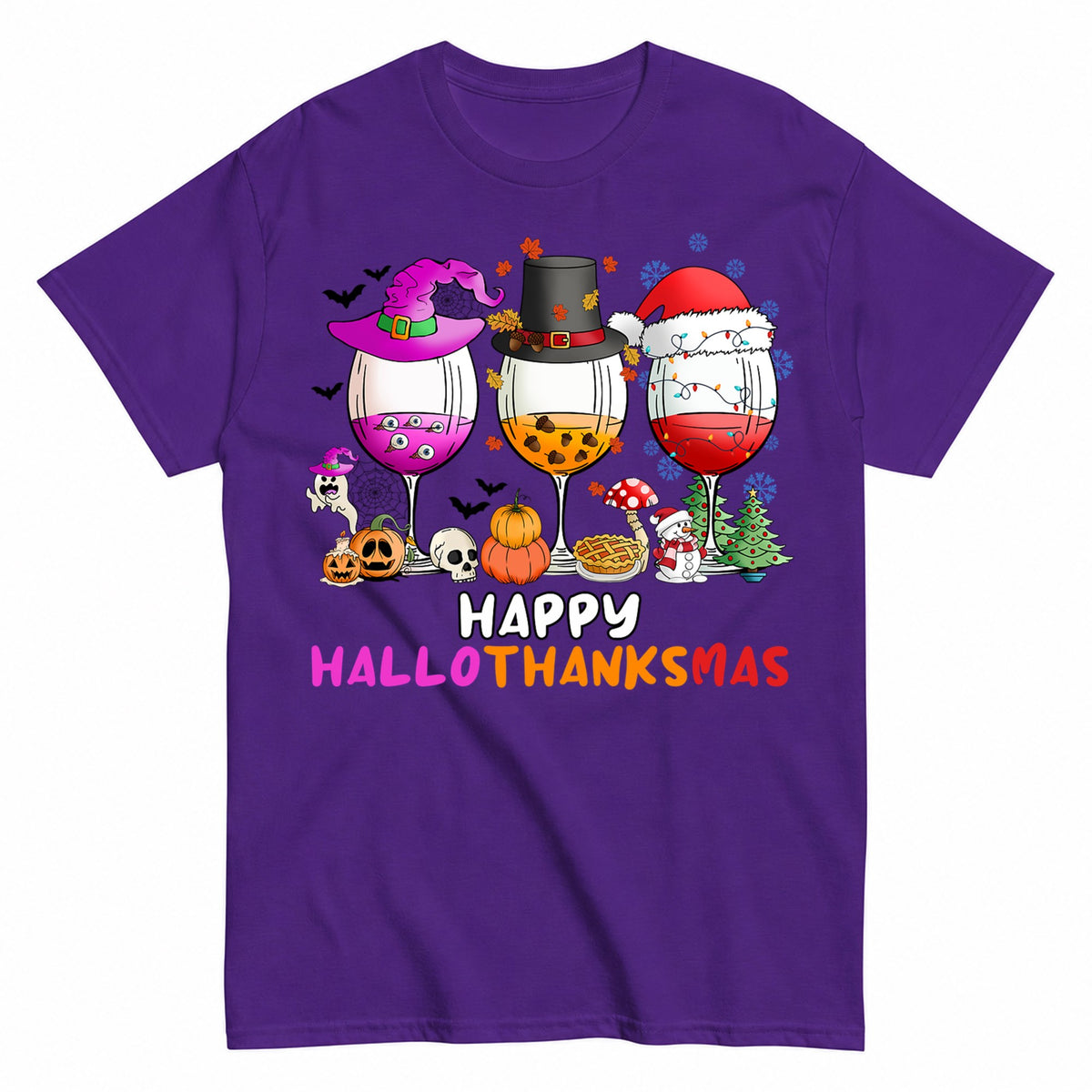 Happy Hallothanksmas Wine Lover Christmas T-Shirt - product view 2