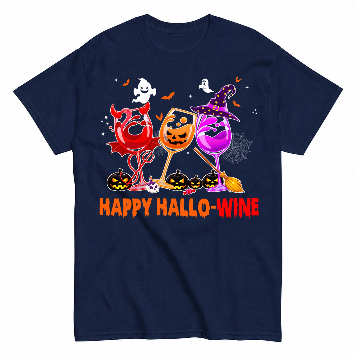 Happy Hallowine Halloween Shirt in Navy – product view
