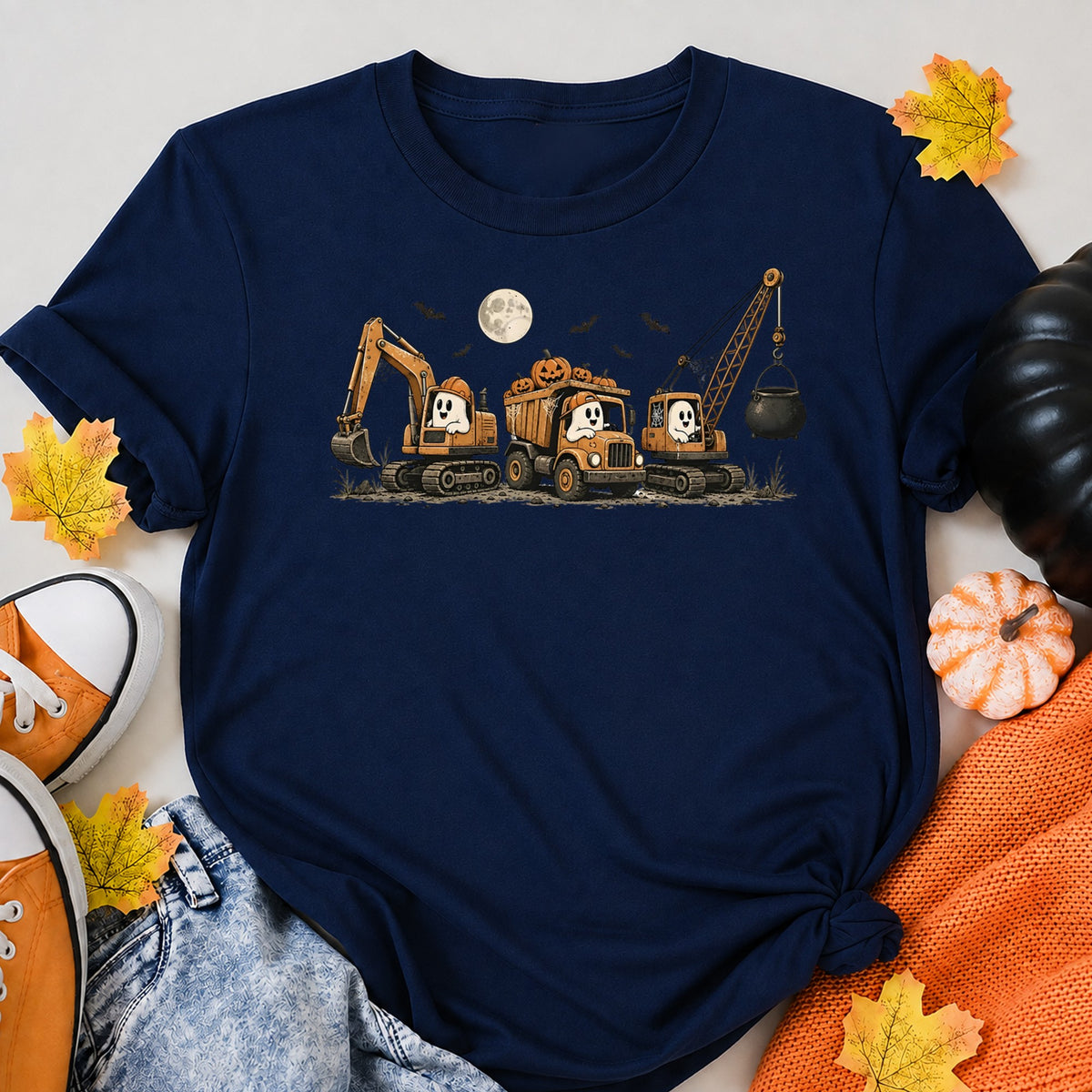 Haunted Construction Crew Halloween Design Halloween Shirt in Navy – alternate view