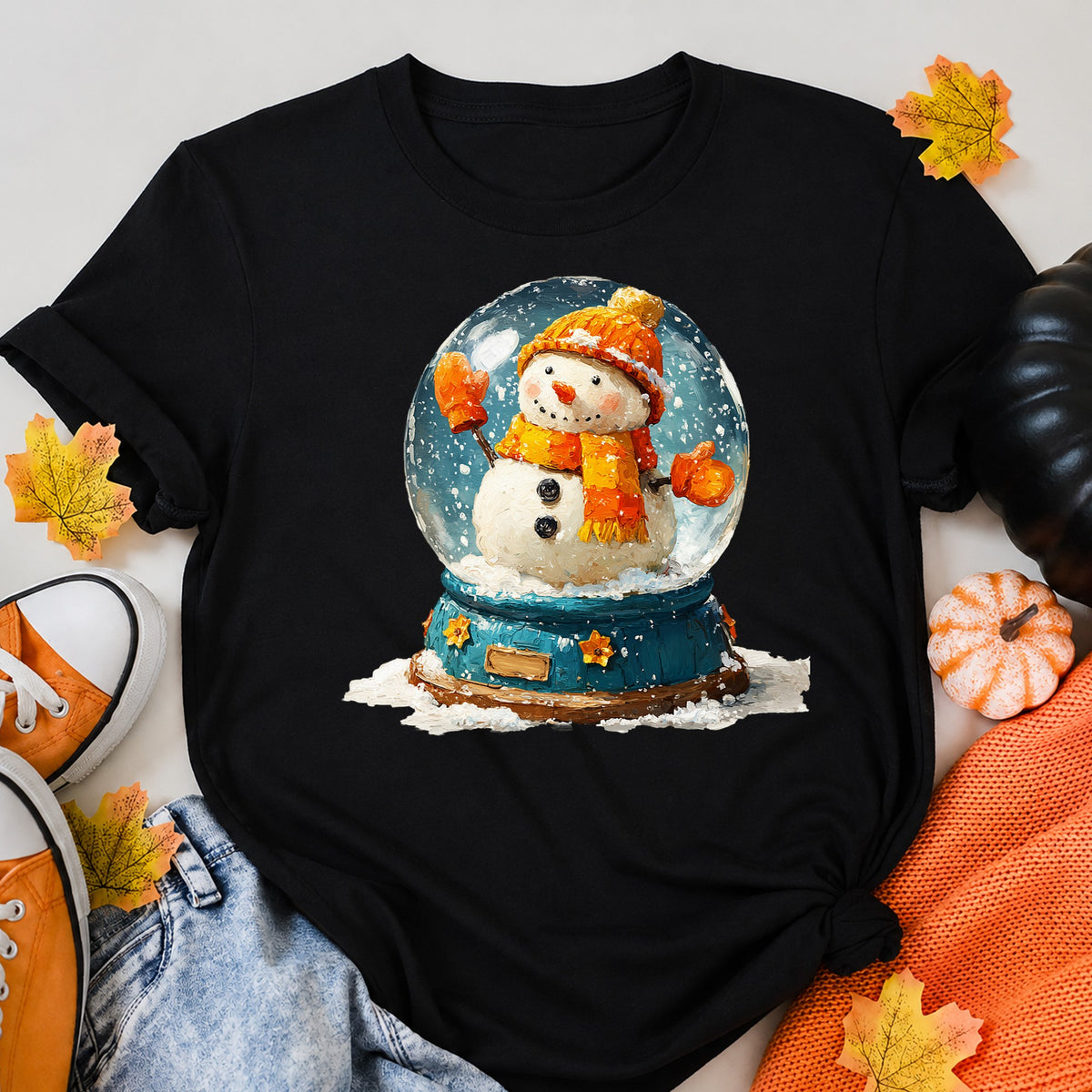 Impasto Painted Winter Snowman Snow Globe Art Christmas T-Shirt - product view 5