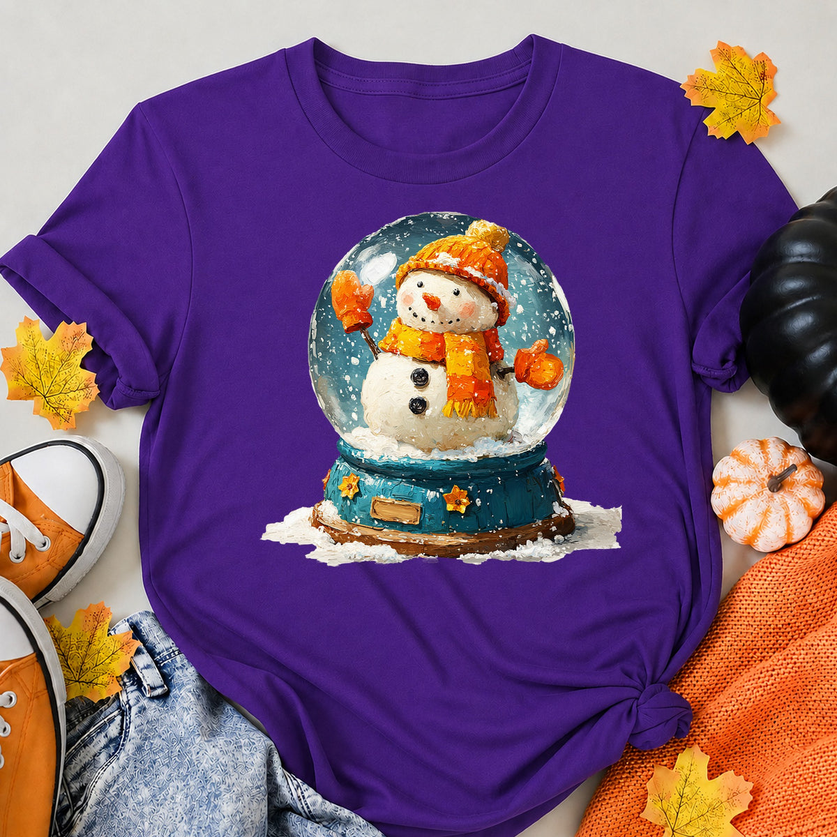 Impasto Painted Winter Snowman Snow Globe Art Christmas T-Shirt - product view 6