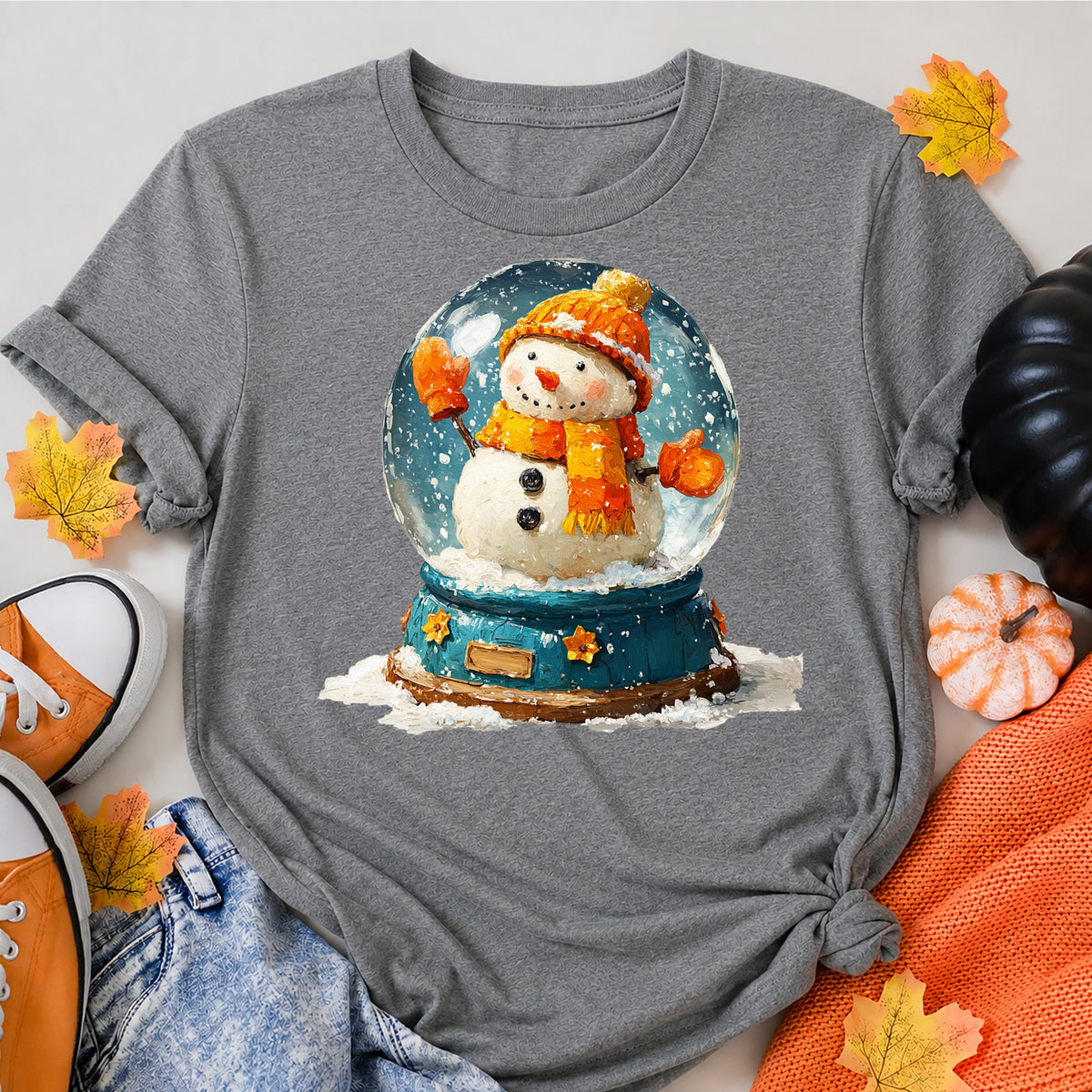Impasto Painted Winter Snowman Snow Globe Art Christmas T-Shirt - product view 7