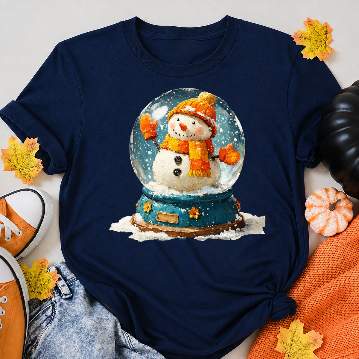 Impasto Painted Winter Snowman Snow Globe Art Christmas T-Shirt - product view 8