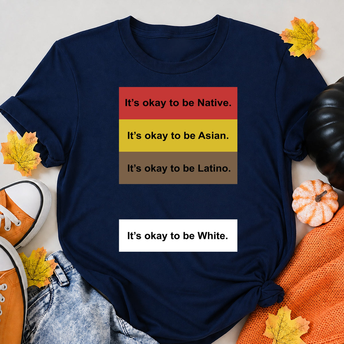KAVENRO It's Okay to Be You graphic T-shirt in navy with colorful illustrated design shirt