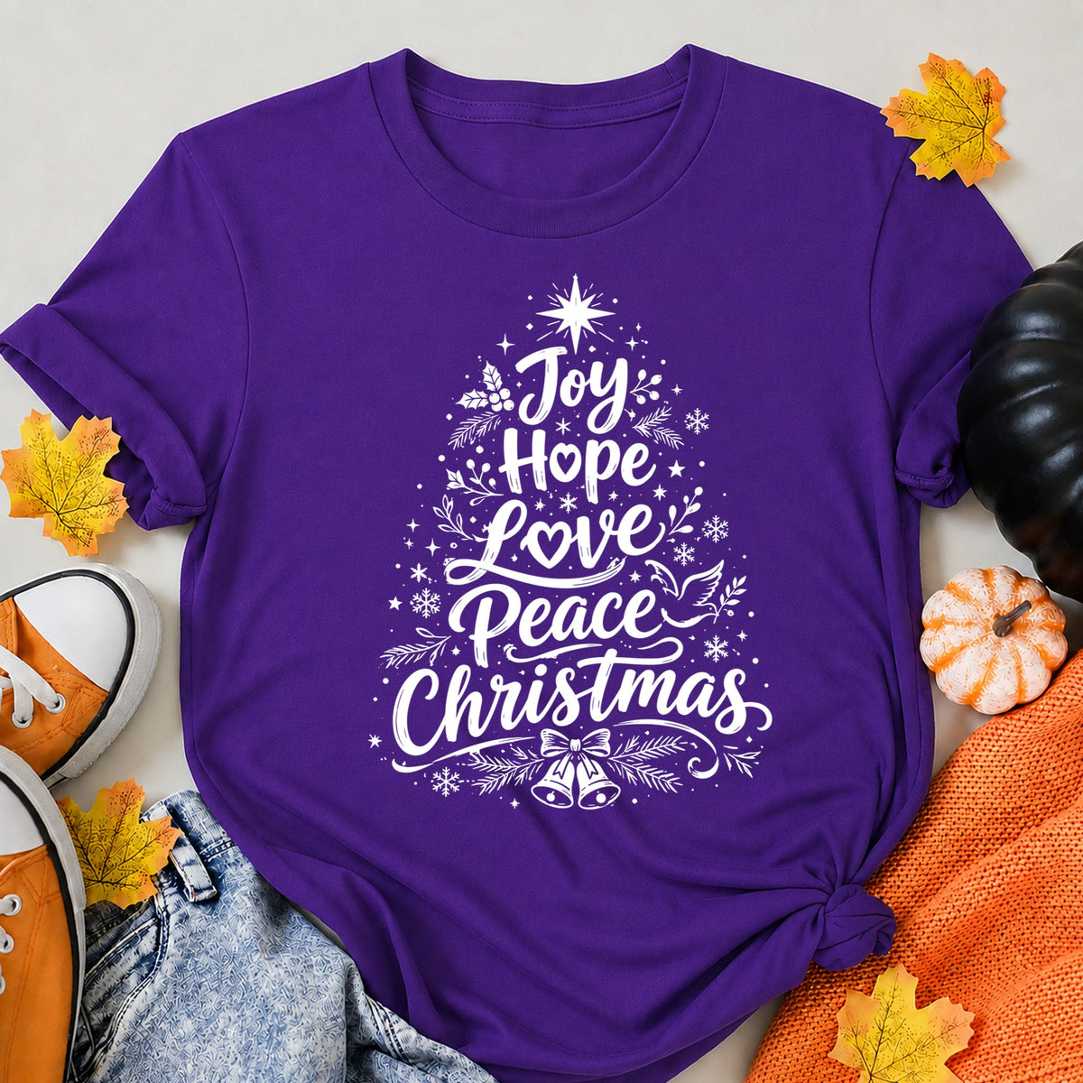 Joy Hope Love Peace Christmas Tree Typography T-Shirt - product view 6