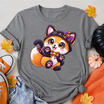 Kawaii Fox Black Cat Costume Art Cute Chibi Halloween Print Halloween Shirt in Grey – alternate view