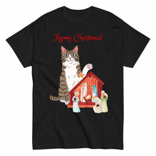 Meowy Christmas Brown Tabby Cat With Nativity Set T-Shirt - product view 1