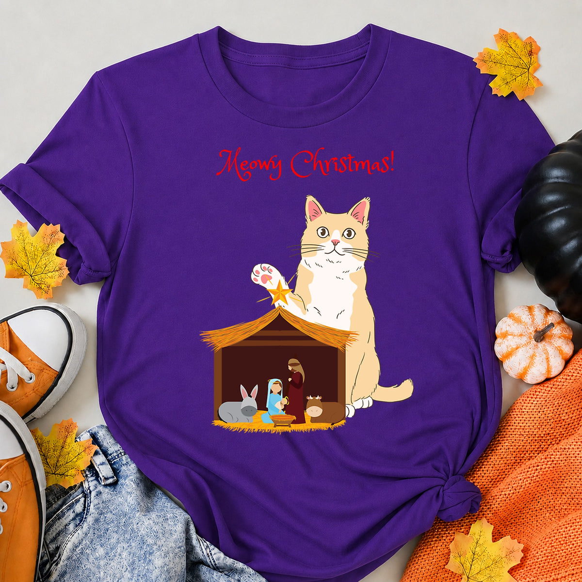 Meowy Christmas Orange Cat With Christian Nativity Set T-Shirt - product view 6