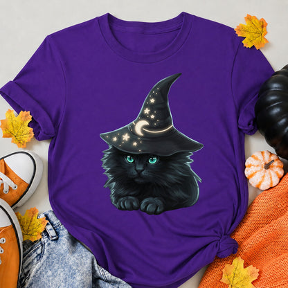 Moonlit Wizard Cat Halloween Shirt in Blue – alternate view