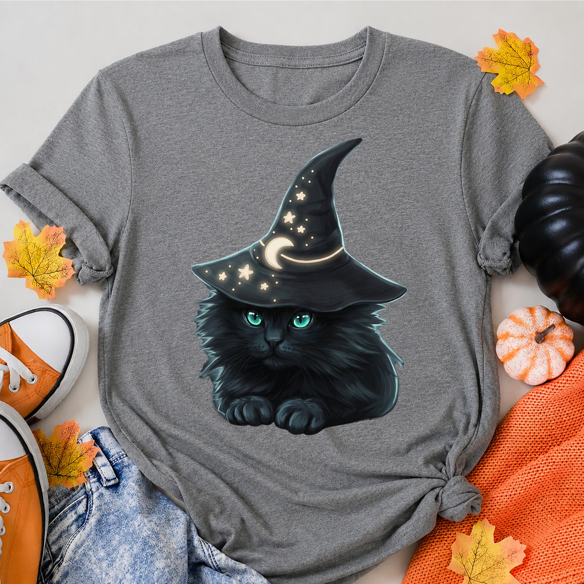 Moonlit Wizard Cat Halloween Shirt in Grey – alternate view