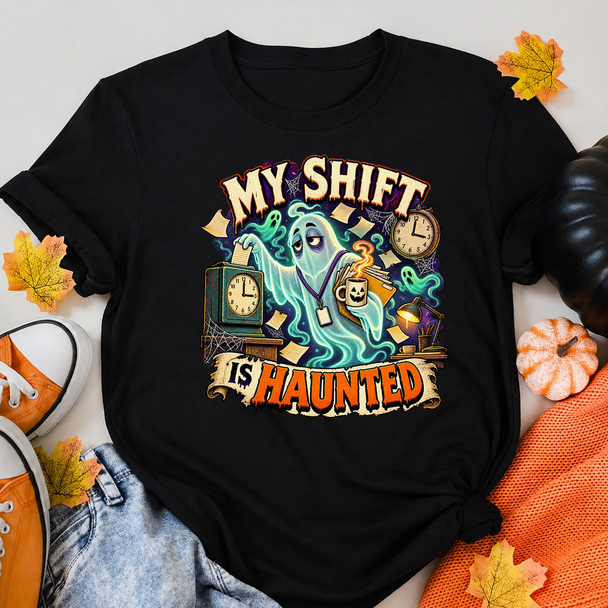 My Shift Is Haunted Funny Night Shift Ghost Halloween Shirt in Black – alternate view