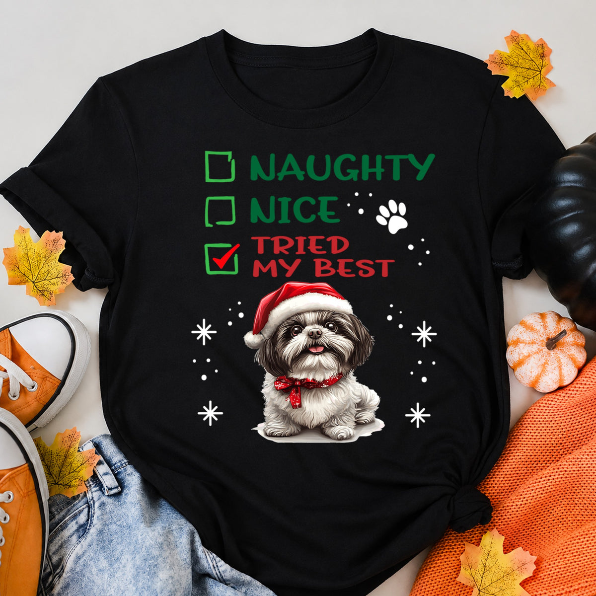 Naughty Nice Tried My Best Christmas Shih Tzu Dog Owner T-Shirt - product view 5