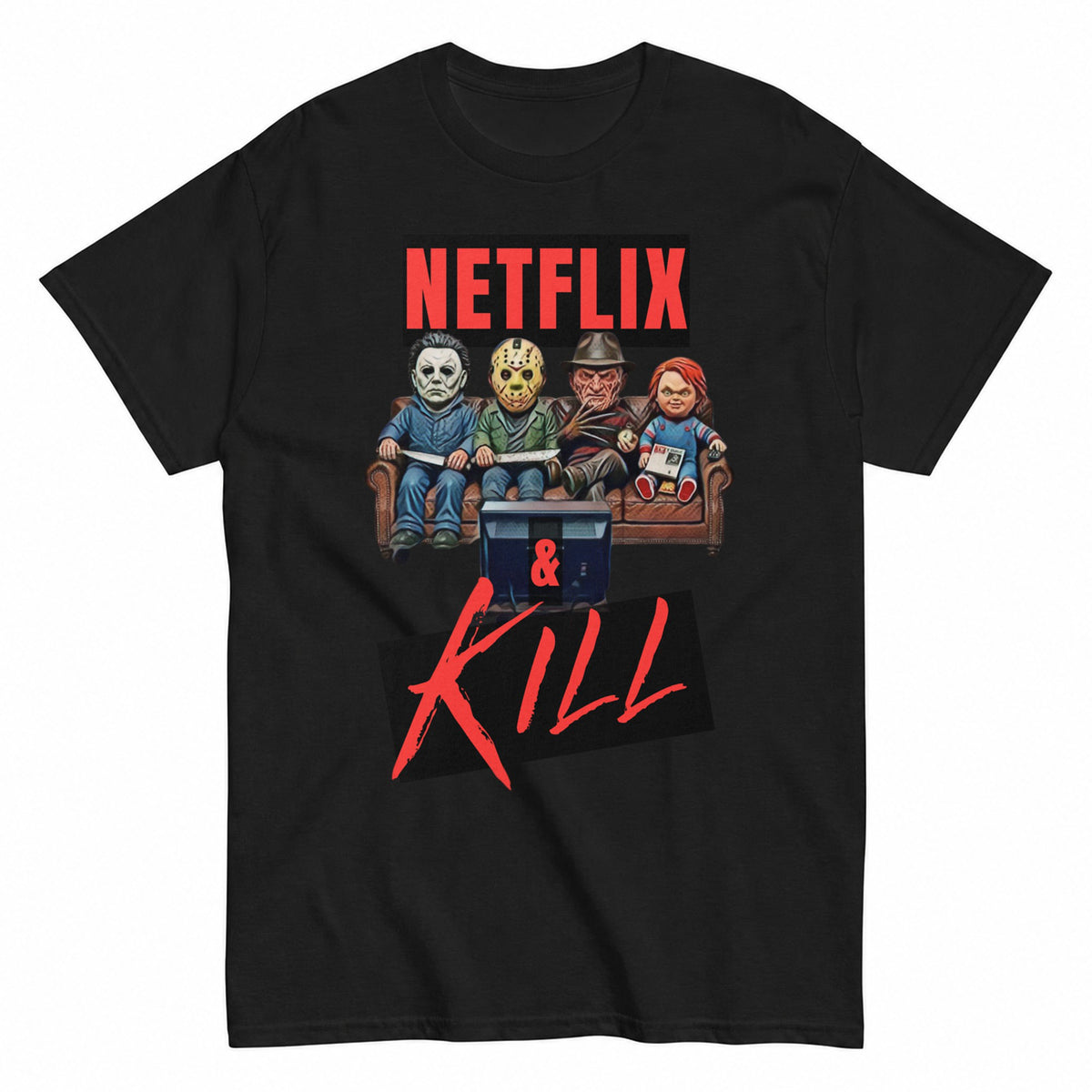 Netflix And Chill Halloween Shirt in Black – product view