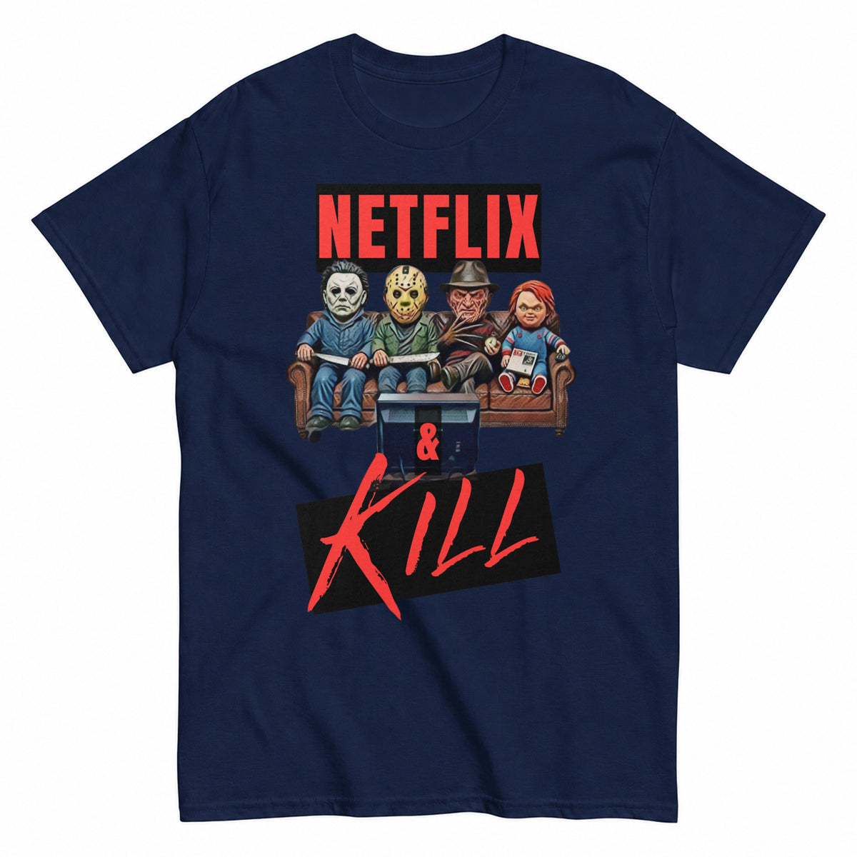 Netflix And Chill Halloween Shirt in Navy – product view