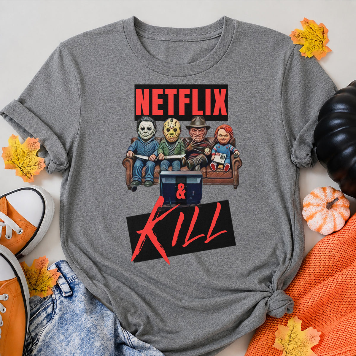 Netflix And Chill Halloween Shirt in Grey – alternate view