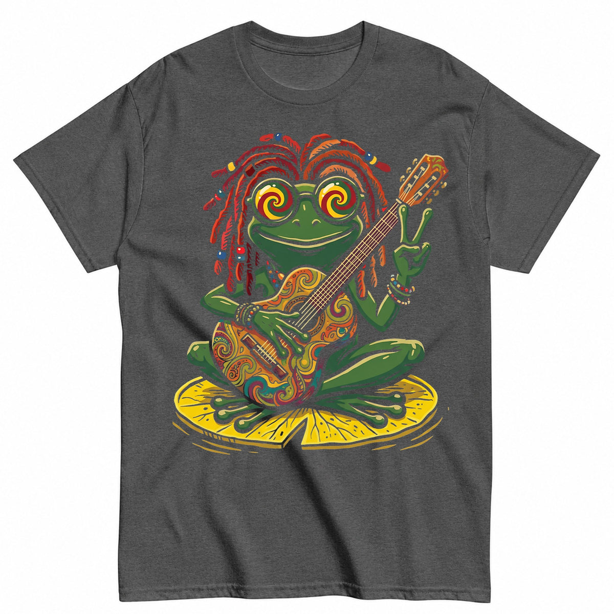 Psychedelic Frog Guitarist Halloween Vibe Halloween Shirt in Grey – product view