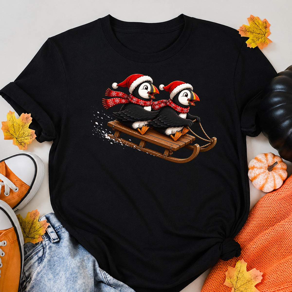 Puffins On Sled Christmas T-Shirt - product view 5