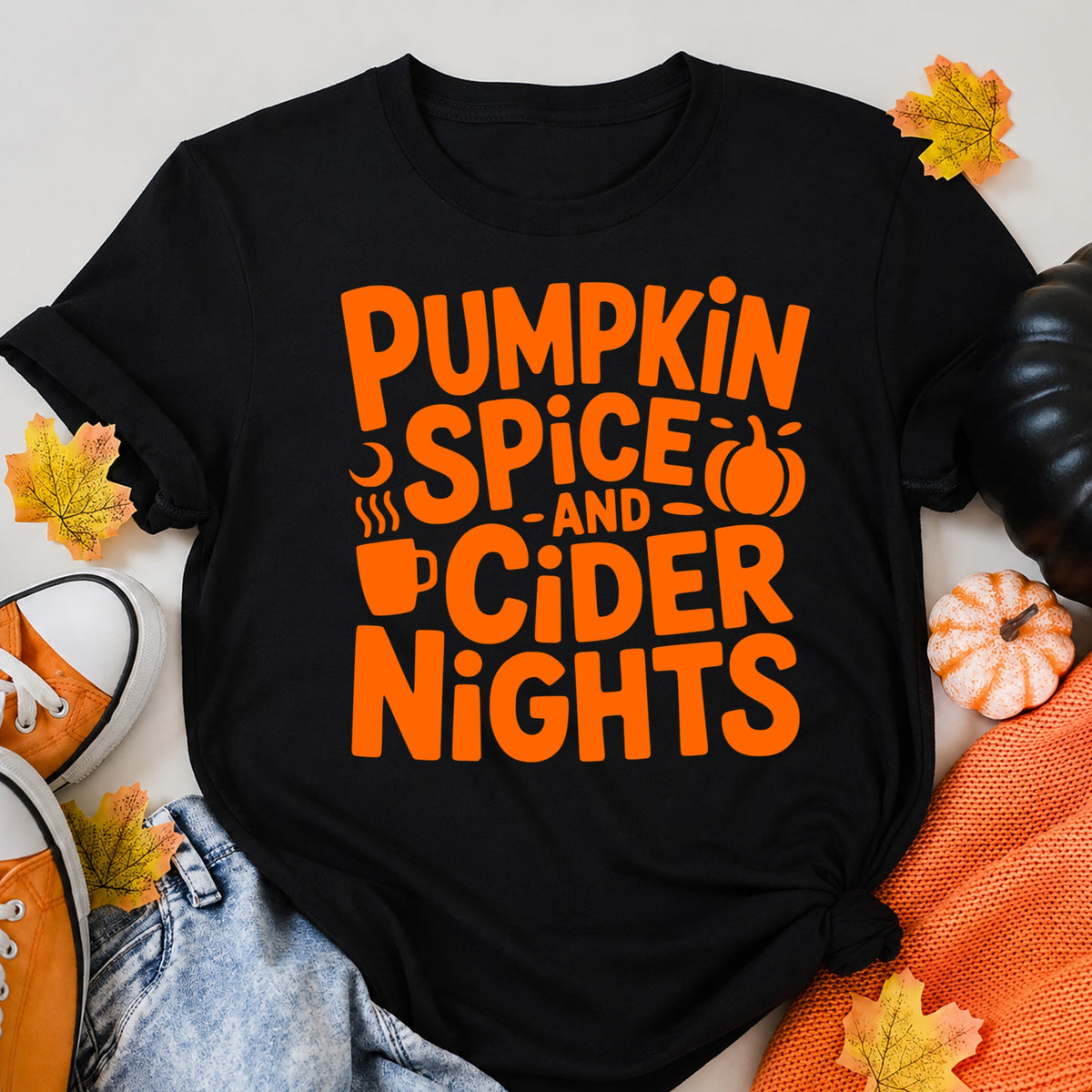 Pumpkin Spice And Cider Nights Halloween Shirt in Black – alternate view