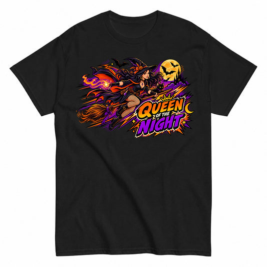 Queen Of The Night Comic Witch Shirt Halloween Shirt in Black – product view