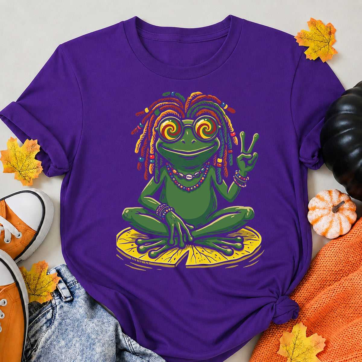 Rasta Frog Dreadlocks Peace Sign Halloween Shirt in Blue – alternate view