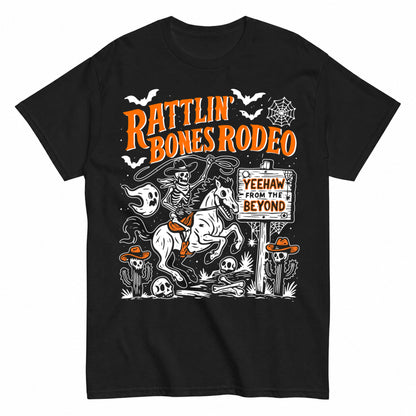Rattlin' Bones Rodeo Halloween Shirt in Black – product view