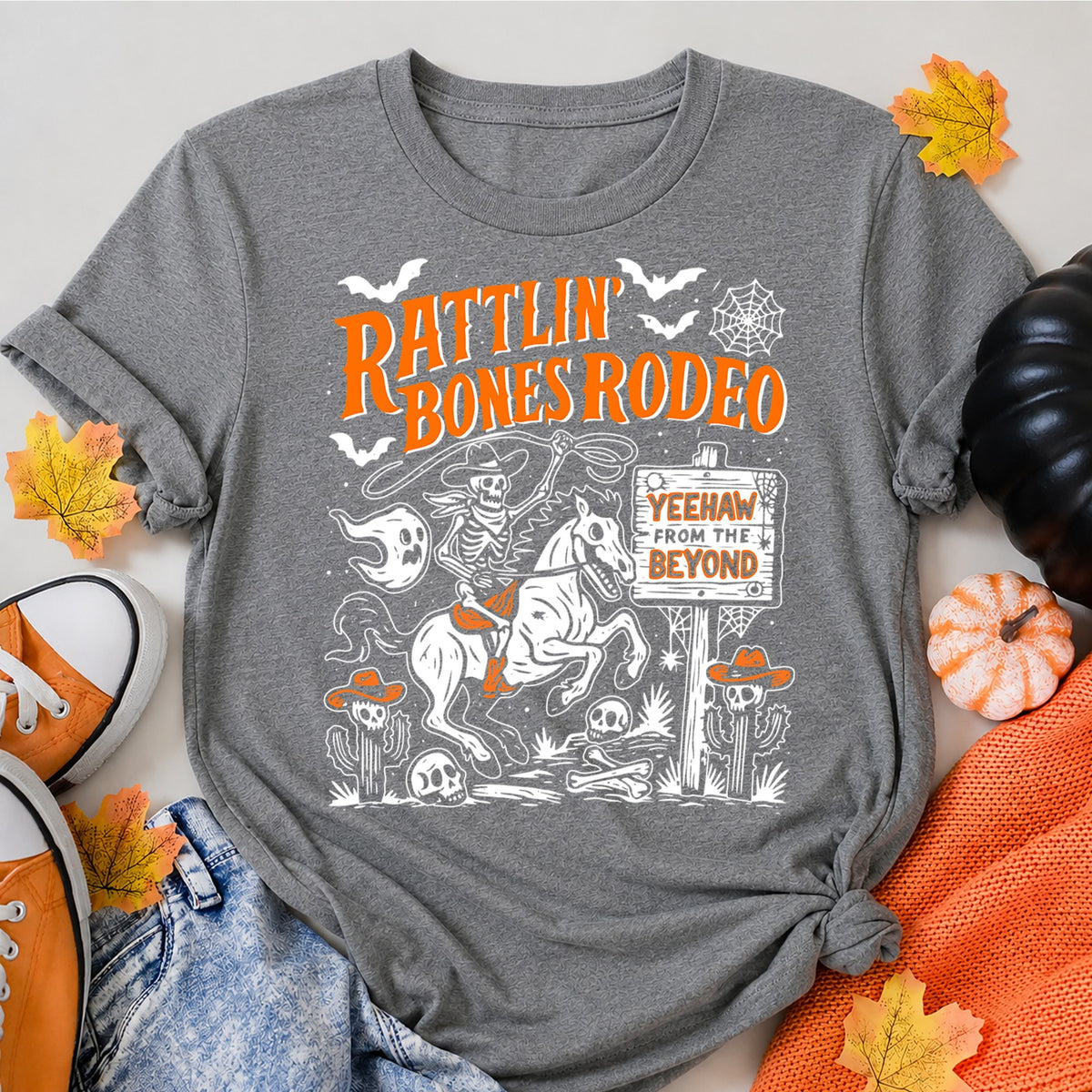 Rattlin' Bones Rodeo Halloween Shirt in Grey – alternate view