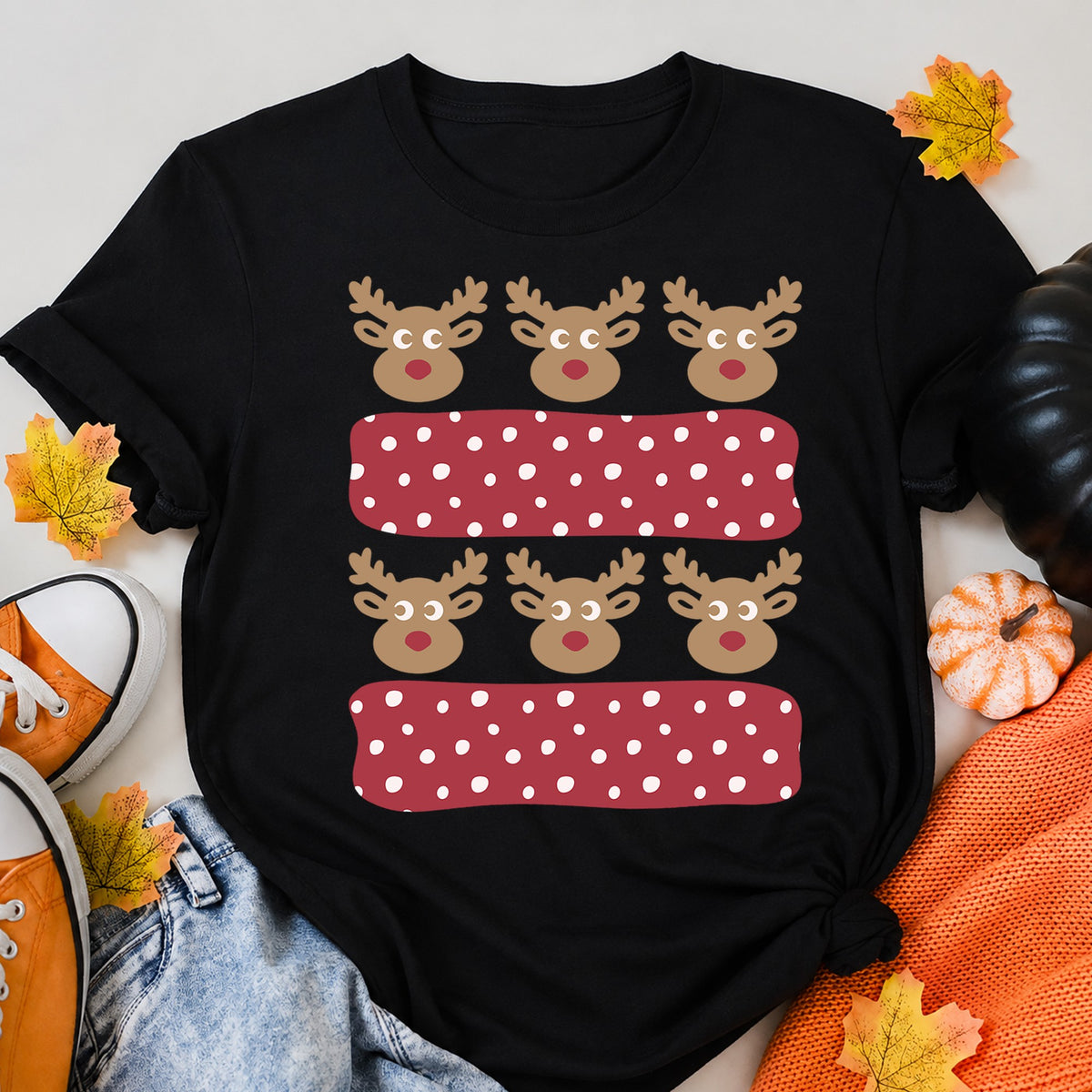 Reindeer Polka Dot Stripes Christmas T-Shirt - product view 5