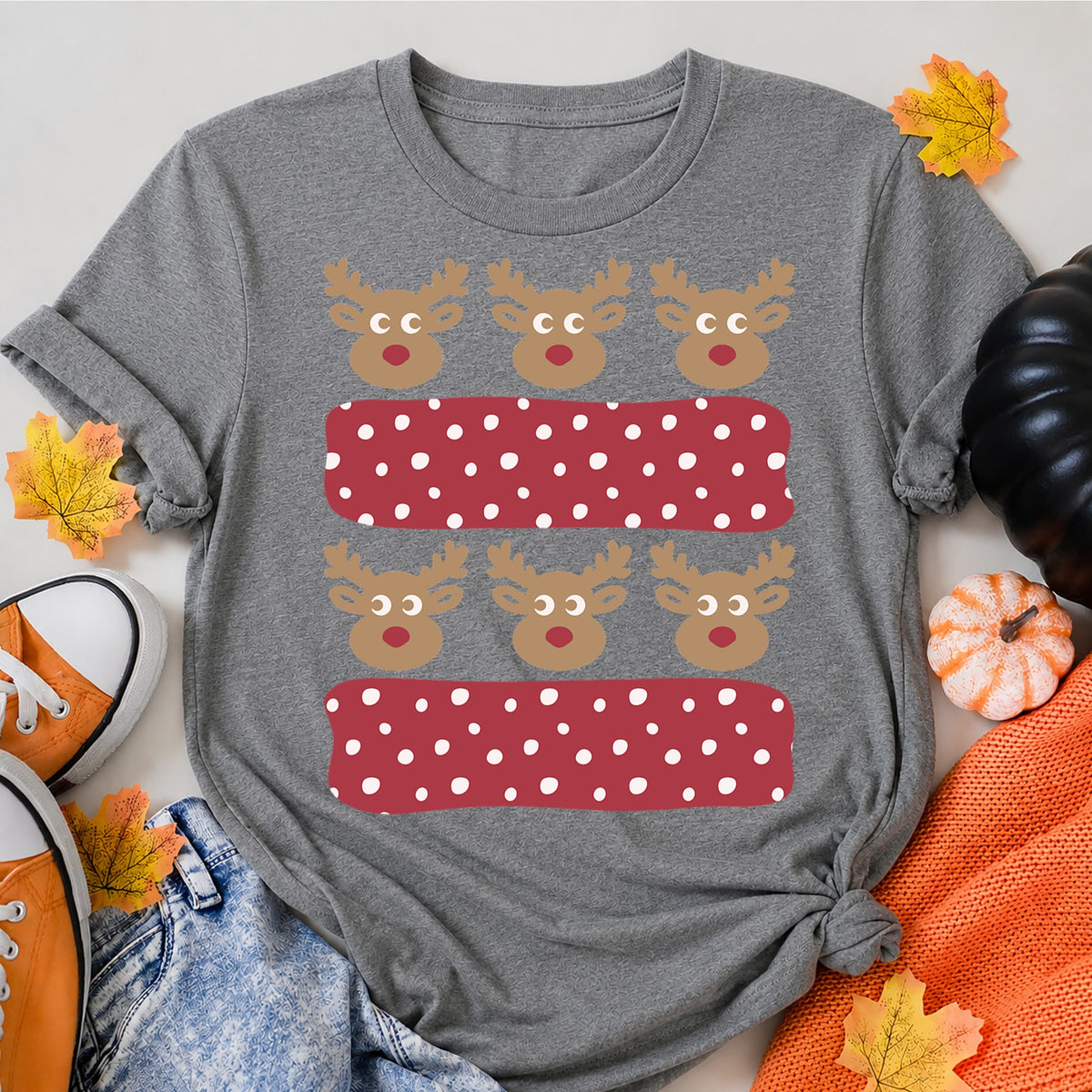 Reindeer Polka Dot Stripes Christmas T-Shirt - product view 7