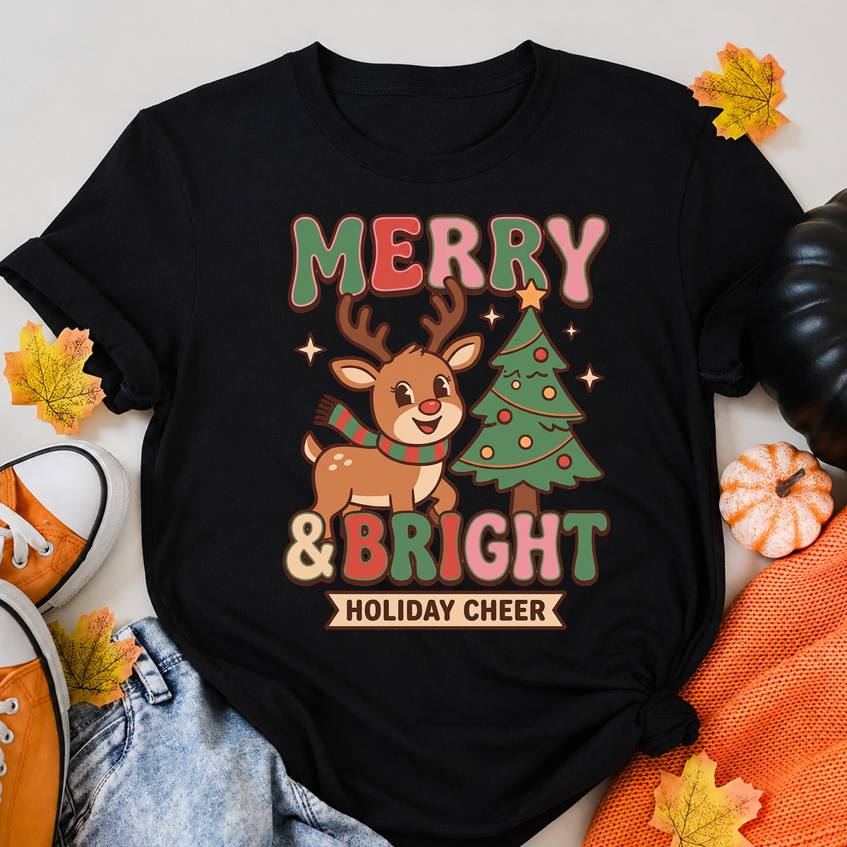 Retro Reindeer Merry Bright Holiday Christmas T-Shirt - product view 5