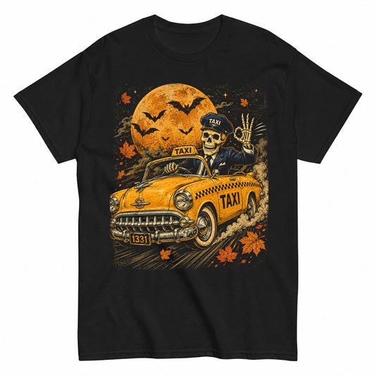 Retro Yellow Cab Skeleton Chauffeur Spooky City Boys Friends Halloween Shirt in Black – product view