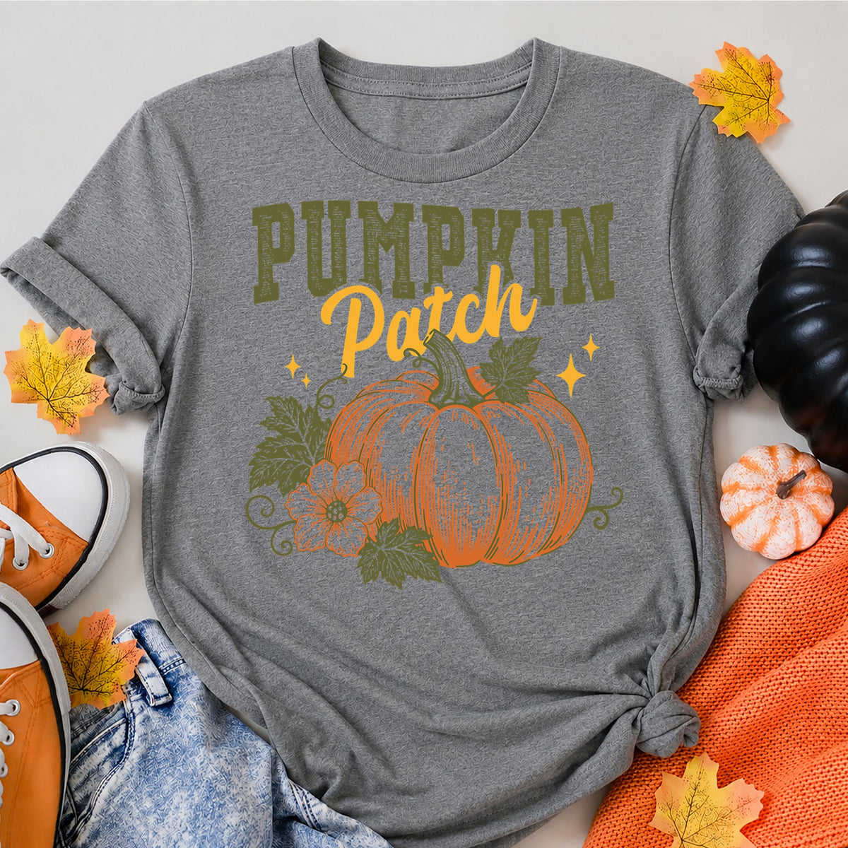 Rustic Pumpkin Patch Fall Autumn Floral Halloween Shirt in Grey – alternate view
