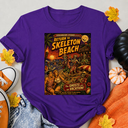Skeleton Beach Retro Horror Vacation Halloween Shirt in Blue – alternate view